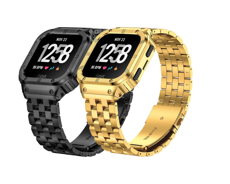 SUPLINK Stainless Steel Case & Band Compatible with Fitbit Versa 4/3/2/Lite/Sense 2/Sense Watch Bands, Men, Protector Cover Strap, Black&Gold