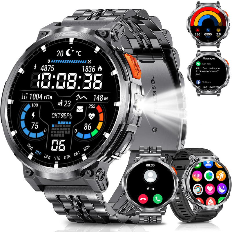1.85" Big Screen Military Smart Watch for Men with Flashlight, 930mAh Large Battery, IP68 Waterproof, Bluetooth Calling, 114 Sports Modes, Heart Rate/Sleep Monitor for iPhone & Android Black - Silicone & Metal Bands