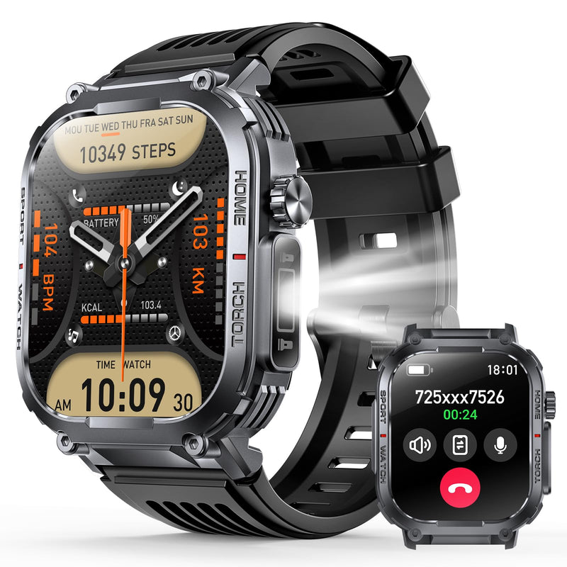Military Smart Watch Sport Fitness Tracker, with LED Flashlight, 3ATM Waterproof, Answer/Make Calls Message Notification,Heart Rate Blood Oxygen Sleep Monitor, 2.02“ Big Screen, for iPhone/Android