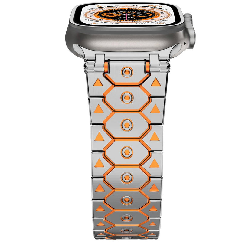 DEALELE Bands Compatible with Apple Watch 49mm 46mm 42mm 45mm 41mm 44mm 40mm 38mm, Mechanical-style Stainless Steel Metal Replacement Strap for iWatch Series 10/9 / 8/7 / 6/5 / 4/3 /SE/Ultra 2# Silver-orange 42mm/44mm/45mm/46mm/49mm