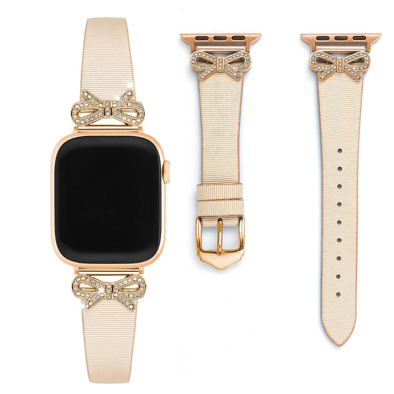 Crystal Bowknot Geniune Leather Watch Band for Women Compatible for Apple Watch 38/40/41/42/44/45/46/49mm, Slim Leather Strap Ivory & Rose Gold 42(Series 10-11)/38/40/41mm