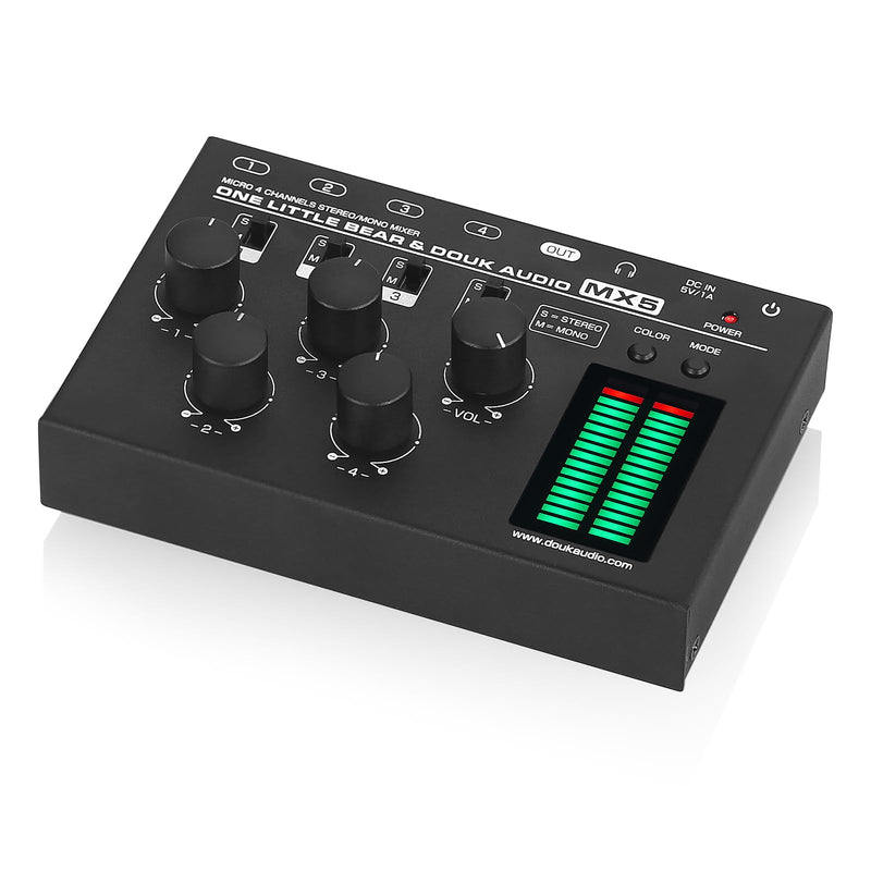 Douk Audio MX5 4 Channel Audio Mixer 4-CH Line-Mixing Mono Stereo Ultra Low-Noise LED Level Meter