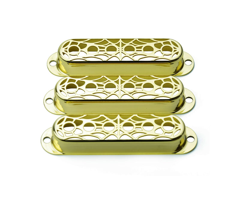 Guyker 3Pcs Single Coil Guitar Pickup Covers (52mm Pole Spacing), Copper Hollow Out Spider Web Style Pickup Mounting Ring Set Guitar Accessories Replacement Part(PS007, Gold) PS007, Gold
