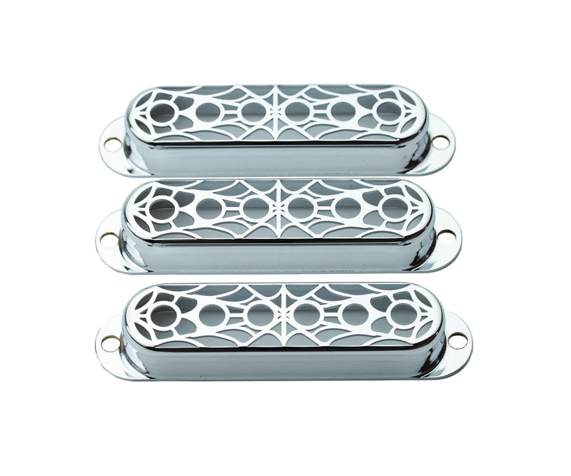 Guyker 3Pcs Single Coil Guitar Pickup Covers (52mm Pole Spacing), Copper Hollow Out Spider Web Style Pickup Mounting Ring Set Guitar Accessories Replacement Part(PS007, Chrome) PS007, Chrome