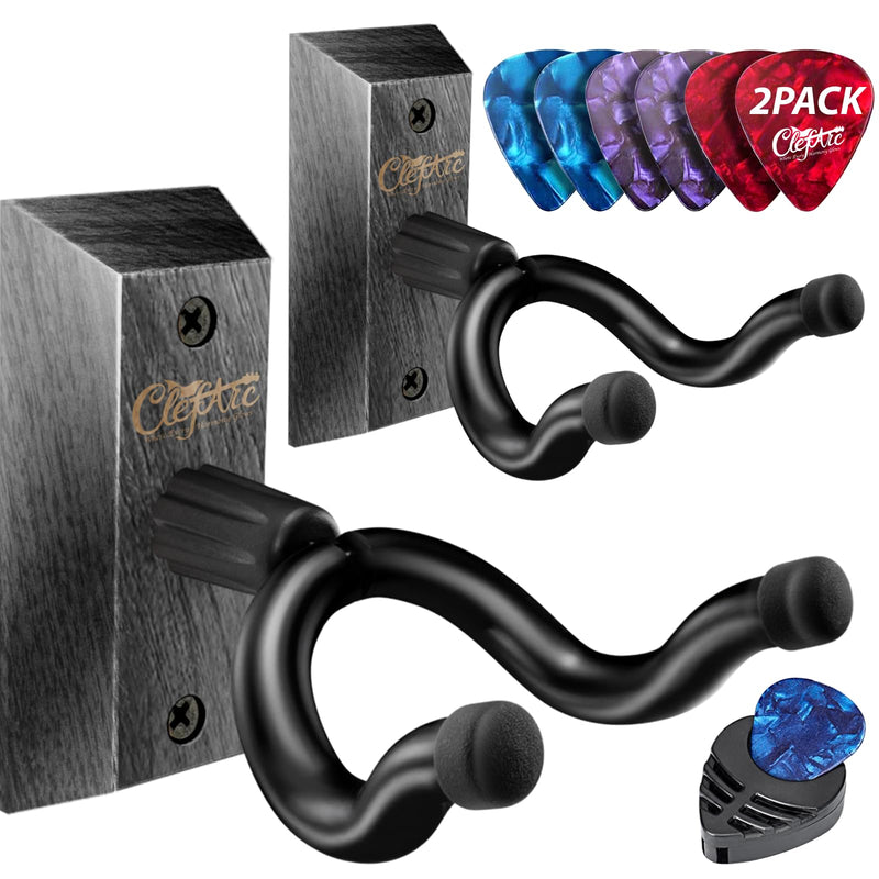 [AUSTRALIA] - Guitar Wall Mount - 2 Pack Black Guitar Wall Hangers, Guitar Picks, Pick Holder, Guitar Accessories, U-Shape Hardwood Guitar Hanger, Gifts for Guitarists, with 6 Assorted Guitar Picks Black 2 Pack 