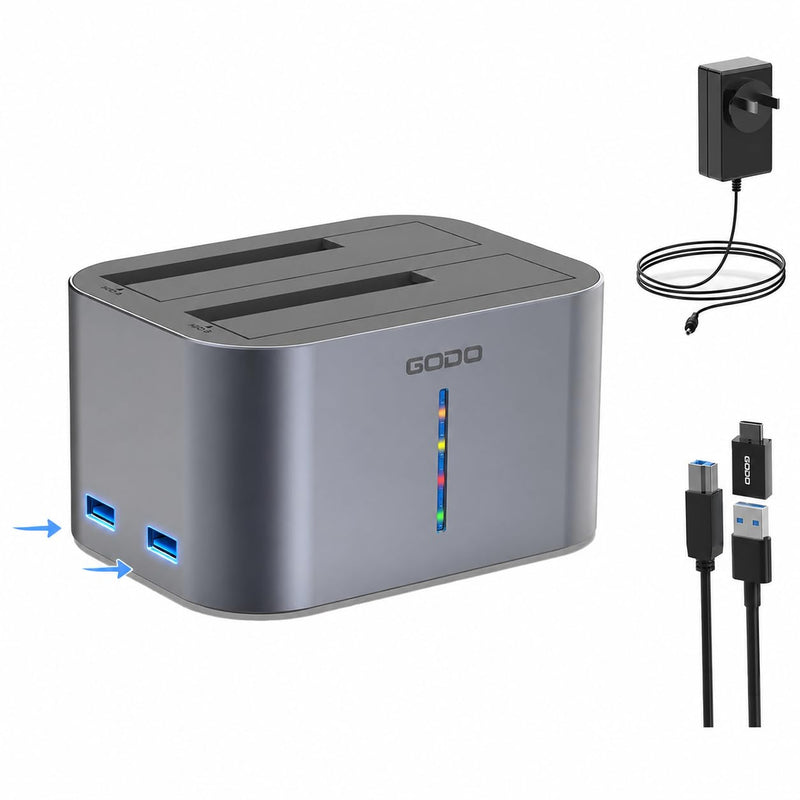 GODO 2.5/3.5" SATA Dual-Bay HDD Dock, USB 3.0 Hub, Clone, 20TBx2 Aluminum | Dual USB 3.0 Expansion Ports, Offline Clone Without PC, 5Gbps Transfer, Tool-Free Installation, Hot Swappable, LED Indicator