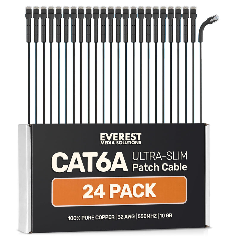 Everest Ultra Slim Cat6a Ethernet Patch Cables 3ft (24-Pack) Black | Bendable, Thin and Flexible 24-Pack