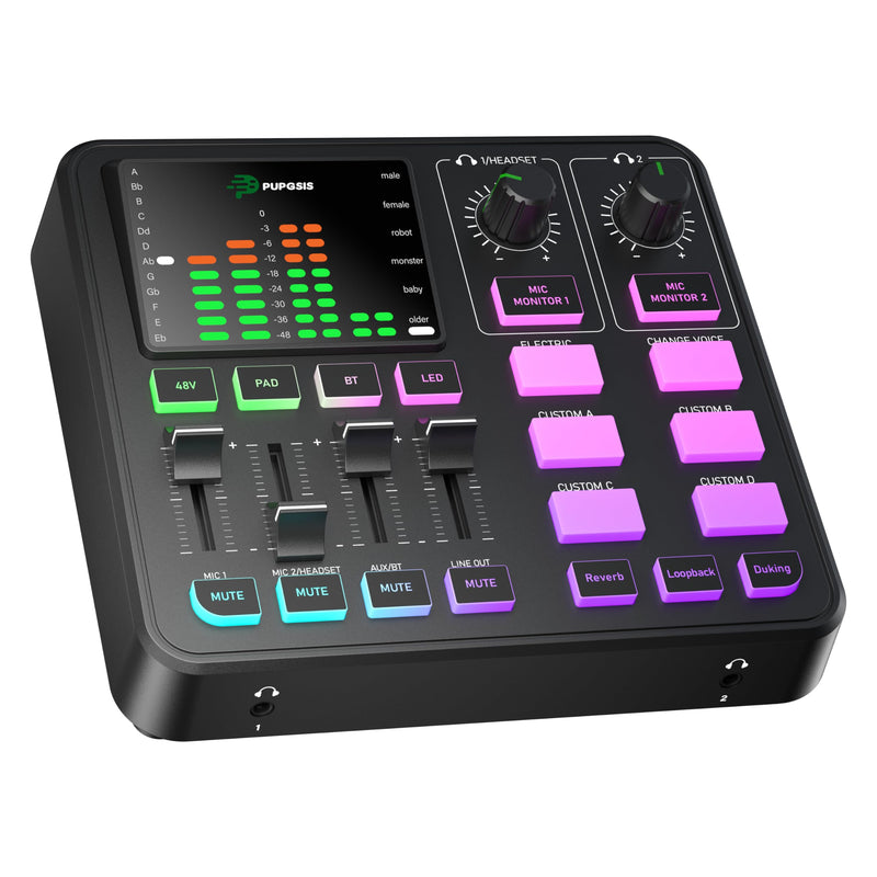 [AUSTRALIA] - PUPGSIS Gaming Audio Mixer, Audio Interface for PC/Podcast/Streaming, Sound Board with 3.5mm/XLR Mic Input, 48V Phantom Power, Voice Changer, Live Sound Card with DJ Mixer Effects/Bluetooth/4 Channel Black 