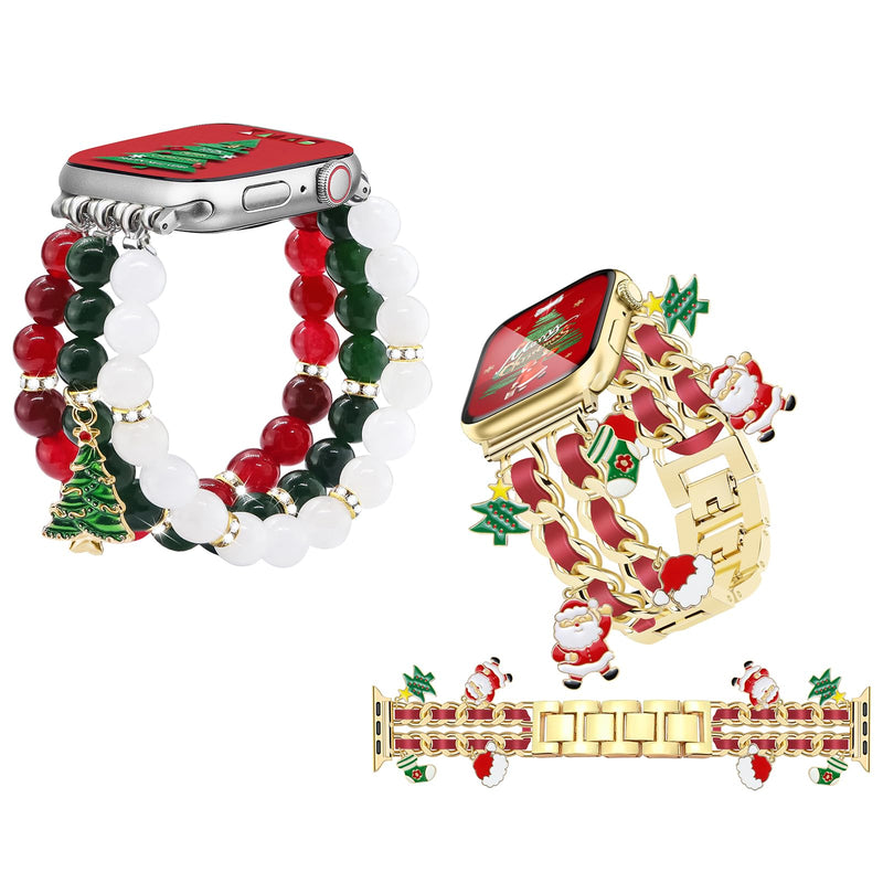 Newlibery Christmas Natural Stone Bracelet Band Gold Charms Metal Strap Bundle Compatible with Apple Watch 38mm 40mm 41mm 42mm 44mm 45mm 46mm 49mm for Women for iWatch Series 10/9/8/7/6/5/4/3/2/1/SE