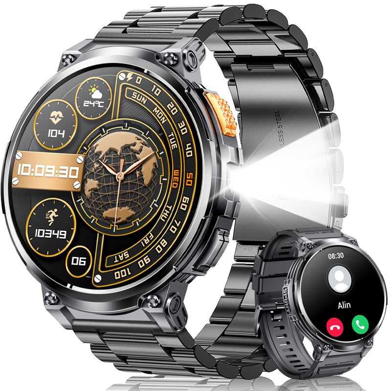 1.85” Big Screen Military Smart Watch for Men with LED Flashlight 2 Straps | Rugged Smart Watch, 730mAh Battery, 100+ Sports Modes, Fitness Watch, Heart Rate Monitor, Sleep Tracker Black Stainless Steel