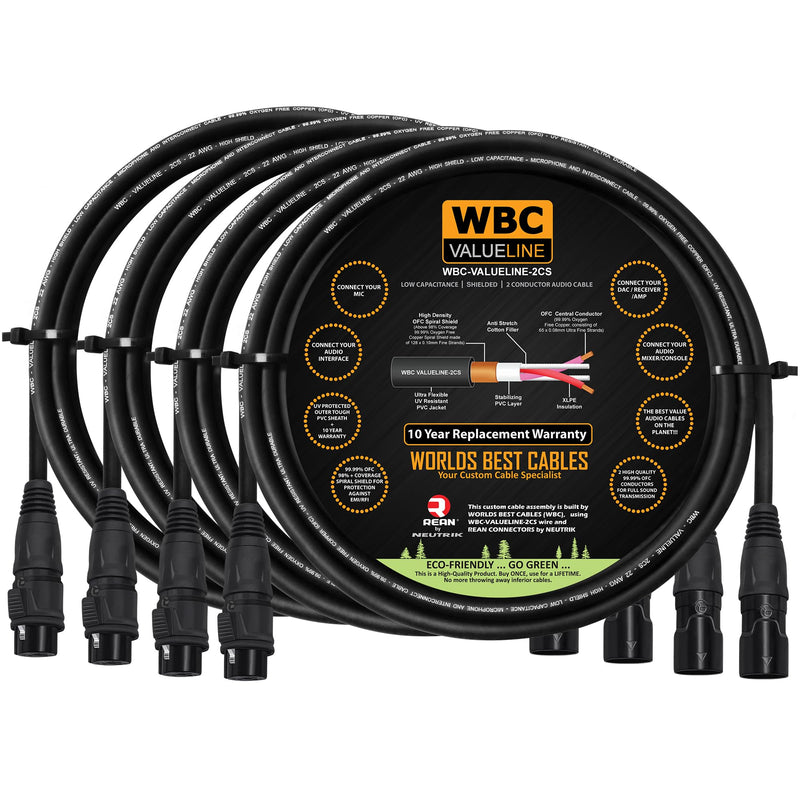 WBC-VALUELINE-2CS (22 AWG) - 4 Units - 6 Foot–Low-Capacitance Shielded Balanced Flexible Microphone, Active-Speaker & Interconnect Cables with Neutrik-Rean IP65 Rated Gold XLR Connectors