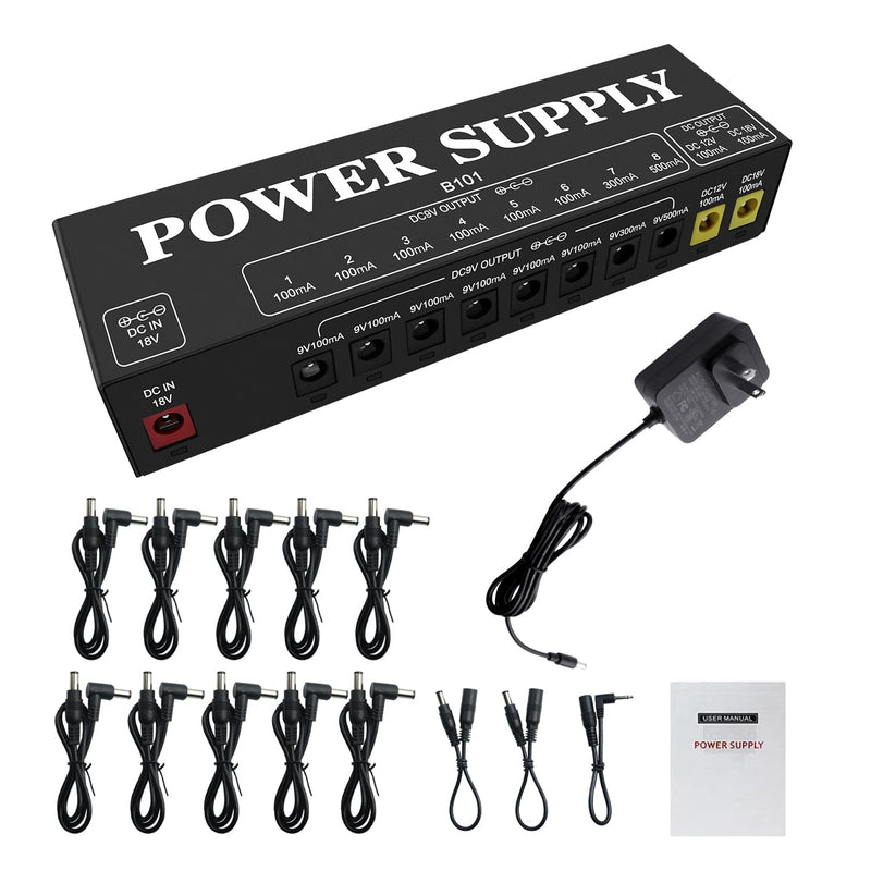 B101 Guitar Pedal Power Supply, 10 Isolated Outputs, 9V/12V/18V