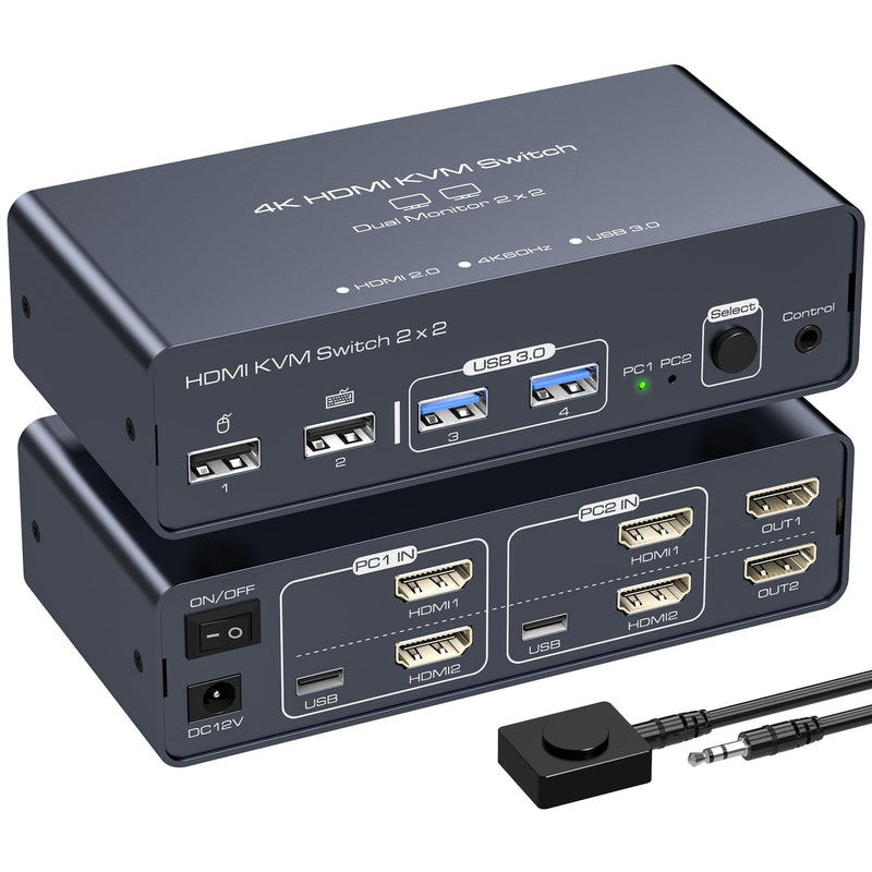 KVM Switch 2 Monitors 2 Computers 4K60Hz EDID Dual Monitor KVM Sharing 4 USB Devices with Desktop Controller
