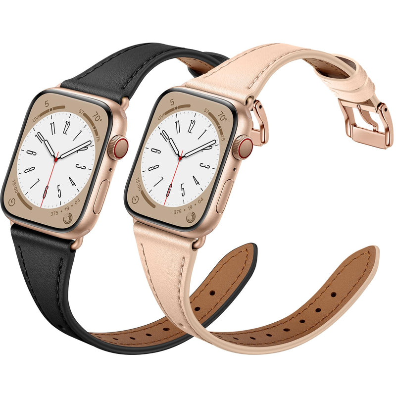 XCCYBTT Slim Leather Bands Compatible with Apple Watch Band 42mm 41mm 40mm 38mm, Genuine Leather Band Strap for iWatch Series 10/9/8/7/6/5/4/3/2/1/SE Women, Black/Rose Gold and Pink Sand/Rose Gold