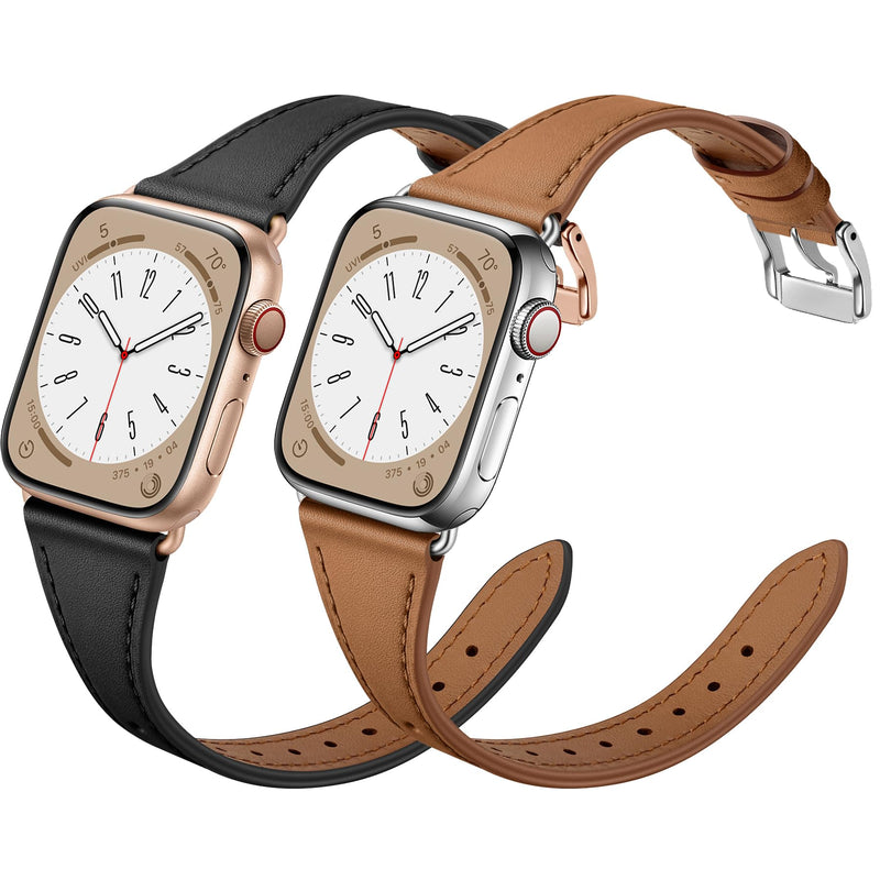 XCCYBTT Slim Leather Bands Compatible with Apple Watch Band 42mm 41mm 40mm 38mm, Genuine Leather Band Strap for iWatch Series 10/9/8/7/6/5/4/3/2/1/SE Women, Black/Rose Gold and Brown/Silver