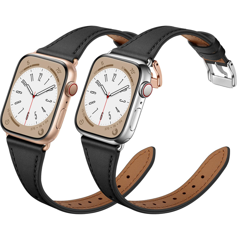 XCCYBTT Slim Leather Bands Compatible with Apple Watch Band 42mm 41mm 40mm 38mm, Genuine Leather Replacement Band for iWatch Series 10/9/8/7/6/5/4/3/2/1/SE Women, Black/Rose Gold and Black/Silver