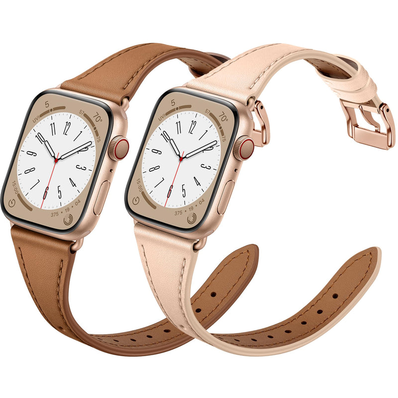 XCCYBTT Slim Leather Bands Compatible with Apple Watch Band 42mm 41mm 40mm 38mm, Genuine Leather Band Strap for iWatch Series 10/9/8/7/6/5/4/3/2/1/SE Women, Brown/Rose Gold and Pink Sand/Rose Gold