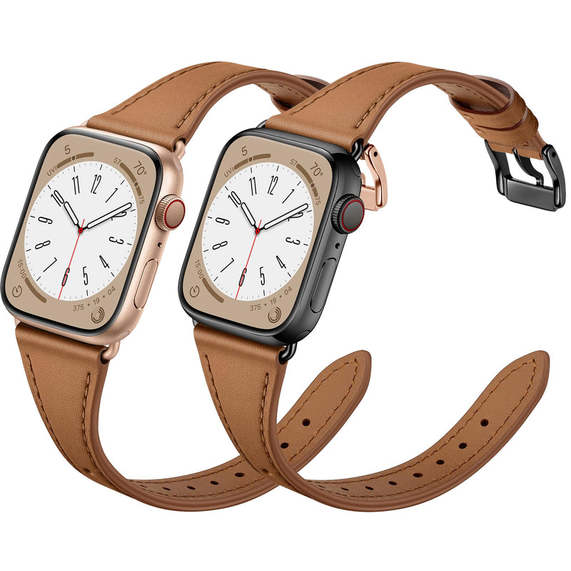 XCCYBTT Slim Leather Bands Compatible with Apple Watch Band 42mm 41mm 40mm 38mm, Genuine Leather Band Strap for iWatch Series 10/9/8/7/6/5/4/3/2/1/SE Women, Brown/Rose Gold and Brown/Black