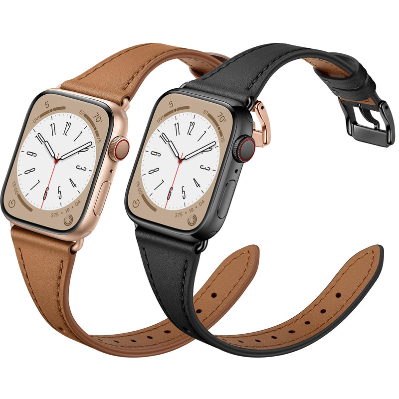XCCYBTT Slim Leather Bands Compatible with Apple Watch Band 42mm 41mm 40mm 38mm, Genuine Leather Band Strap for iWatch Series 10/9/8/7/6/5/4/3/2/1/SE Women, Brown/Rose Gold and Black/Black