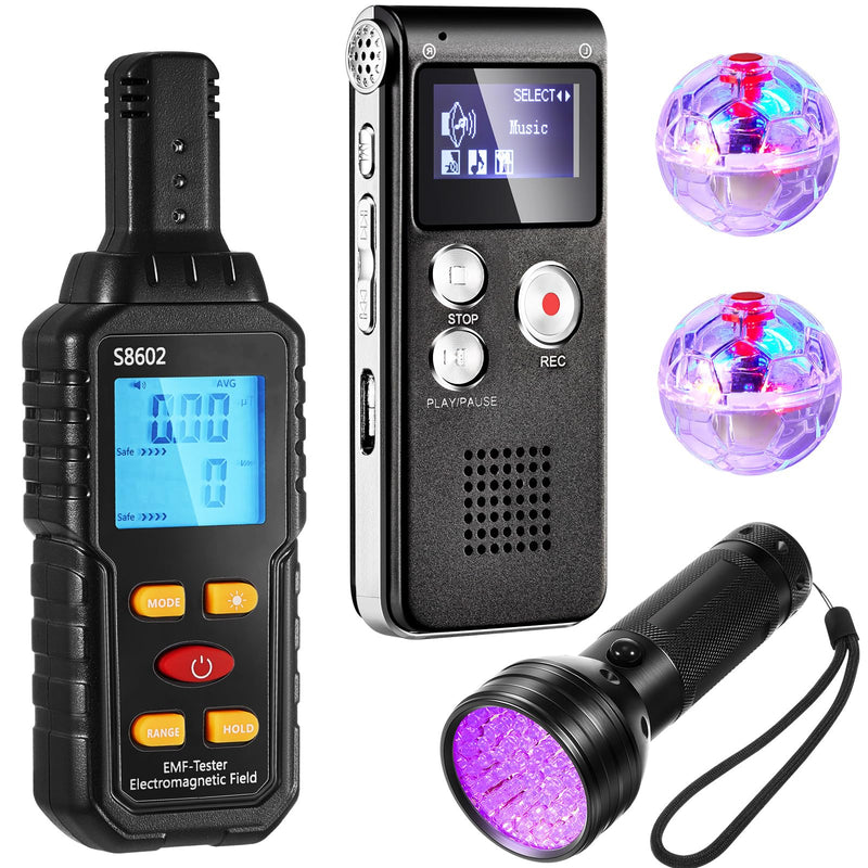 [AUSTRALIA] - Dunzy 7 Pcs Ghost Hunting Equipment Kit for Paranormal Enthusiasts Includes 8GB Digital Voice Audio Recorder, Emf Meter Detector, 4 Pcs Ghost Hunting Cat Balls, UV Flashlight Set for Entertainment Use 