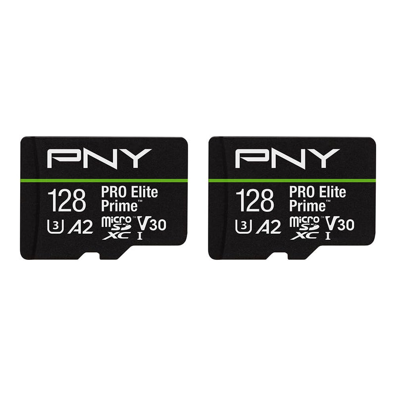 PNY 128GB PRO Elite Prime C10 U3 V30 A2 microSDXC Flash Memory Card – Ultra-Fast Speeds, Read 200MB/s, Write 150MB/s, 4K UHD, Full HD, UHS-I, for Smartphones, Drones, Action Cameras, 2-Pack 128GB 2-Pack