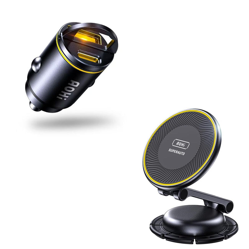 AOHI 15W Wireless MagSafe Phone Car Mount Charger Holder +PD 45W&QC 30W 2 Port USB C Car Charger Cigarette Lighter