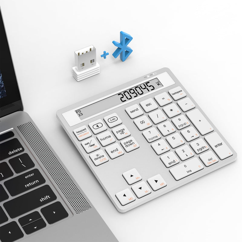 [AUSTRALIA] - Bluetooth Number Pad - 2.4G Wireless Numeric Keypad with Display Calculator - Wireless Number Pad Slim 34-Key Portable Financial Accounting Numpad Data Entry &Calculation 2in1 for Laptop Desktop White Bluetooth/2.4G Wireless Number Pad(White) 