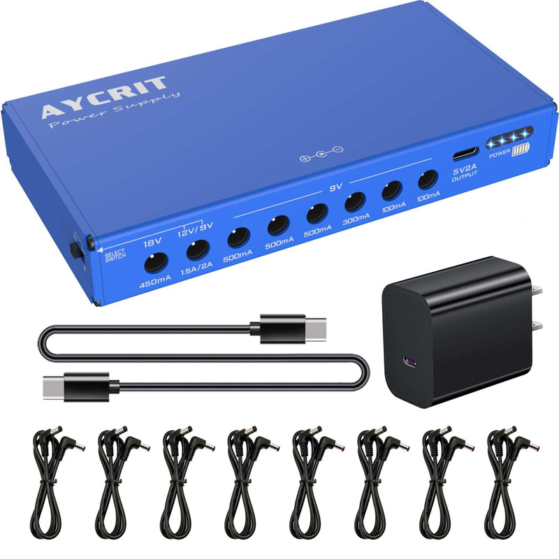 [New Version] AYCRIT Guitar Pedal Power Supply, Rechargeable 12800mAh 9 Outputs 9V2A/12V1.5A/18V450mA and 5V2A Type-C Port for iPhone ipad (MUSTAN-01) Style MUSTAN-01