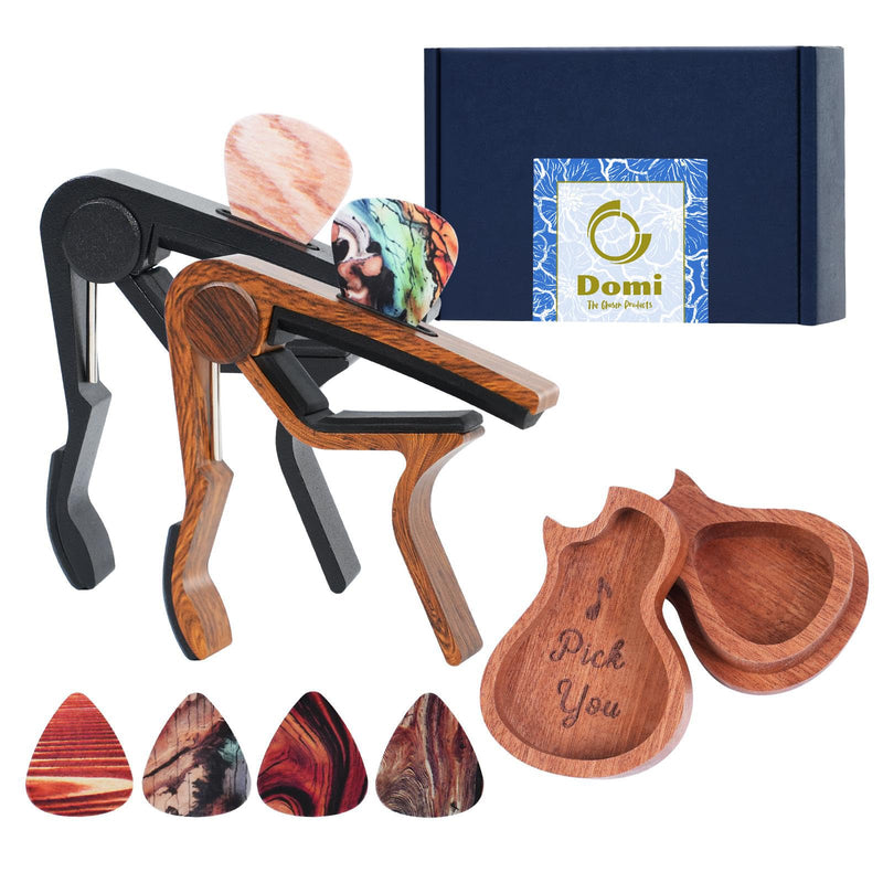 Guitar Capo Gift Set - Includes 2 Capos, 1 Pick Holder & 6 Picks - Personalized Gift for Acoustic Guitar 6 String, Electric Guitar & Bass Players (Rosewood & Black) Rosewood&Black