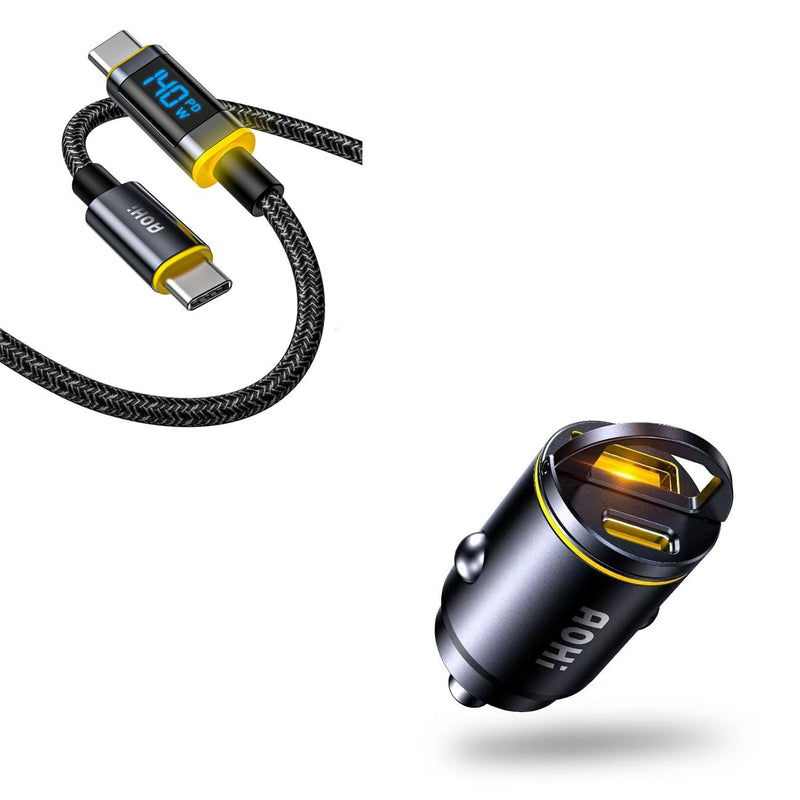 AOHI PD 45W&QC 30W 2 Port USB C Car Charger Lighter + AOHI 140W USB C to USB C Cable with Display