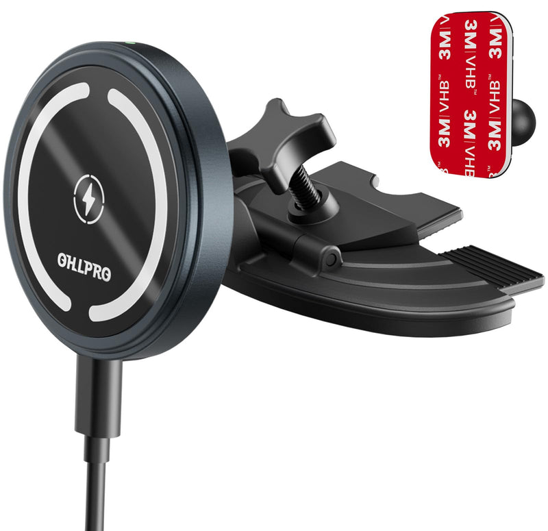 OHLPRO 15W Magsafe Car Mount Charger for iPhone 17, Fast Wireless Charging Magnetic CD Slot Holder with 3M Adhesive Base for Dashboard, Aluminum Shell, Compatible with iPhone 16 15 14 Series, Gray