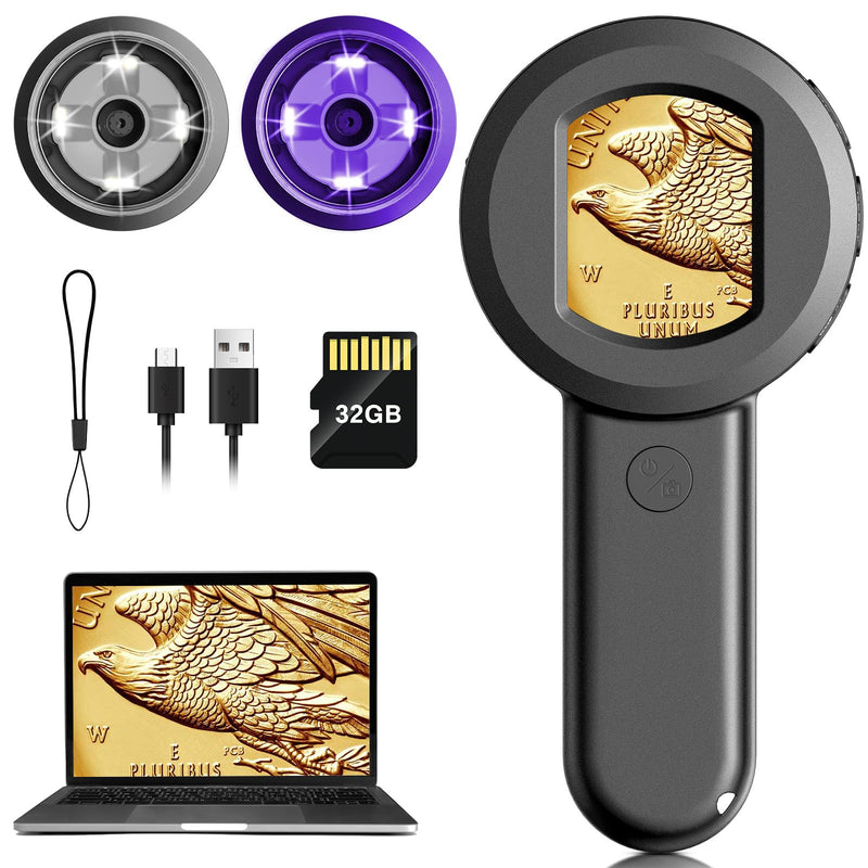 [AUSTRALIA] - Pocket Digital Microscope for Adults Kids: 100X Handheld Magnifying Glass with Light, USB Coin Magnifier for Collector, Portable Jewelers Loupe with 2" Screen, Mini Scope for Trichome Black 