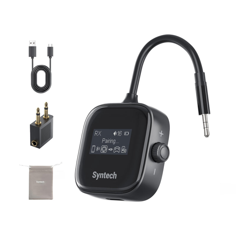 [AUSTRALIA] - Syntech Airplane Bluetooth Transmitter Receiver 5.4 Adapter for 2 AirPods or Wireless Headphones, HD Display Low Latency 3.5mm AUX Jack Bluetooth Audio Adapter for Flying, TV, Car, Gym, Home Stereo Black 