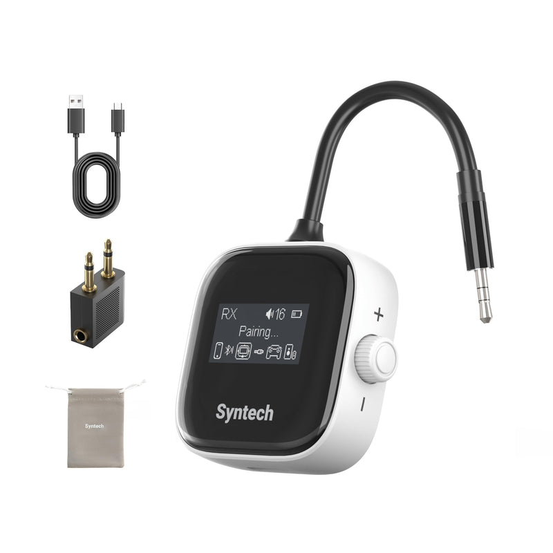 [AUSTRALIA] - Syntech Airplane Bluetooth Transmitter Receiver for 2 AirPods or Wireless Headphones, HD Display Low Latency 3.5mm AUX Jack Bluetooth 5.4 Audio Adapter for Flying, TV, Car, Gym, Home Stereo White 