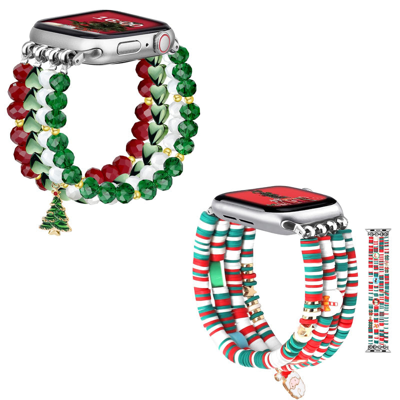 JR.DM Christmas Beaded Bracelet Women Compatible with Apple Watch 38mm 40mm 41mm 42mm 44mm 45mm 46mm, Stretch Dressy Fancy Holiday Strap Wristband Replacement for iWatch Series 10/9/8/7/6/5/4/3/2/1/SE