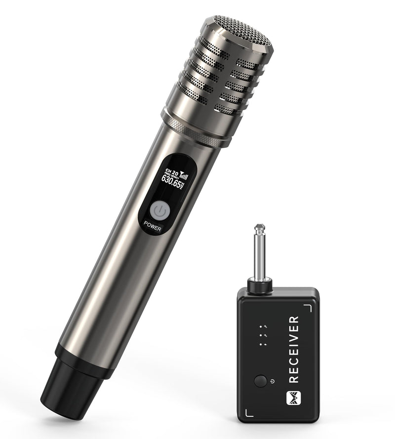 Wireless Microphone, Metal Dynamic Mic System with One-to-One Chip Connection and Rechargeable Receiver, 40H Duration, 200FT Range Receiving, Less Latency Karaoke Microphone for Singing