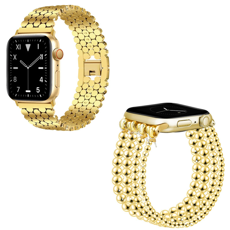JR.DM Honeycomb and beaded Bands Compatible with Apple Watch 38mm 40mm 41mm 42mm 44mm 45mm 46mm for Women, Dressy Gold Silver Metal Strap Replacement for iWatch Series 10/9/8/7/SE/6/5/4/3/2/1