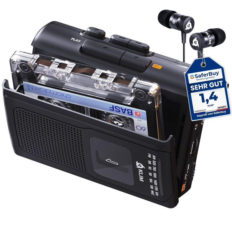 KLIM K8 Cassette Tape Player Portable + Cassette Recorder + NEW + AM/FM Walkman Cassette Player + Built-in Microphone & Speaker + Headphone Jack & Earphones Black