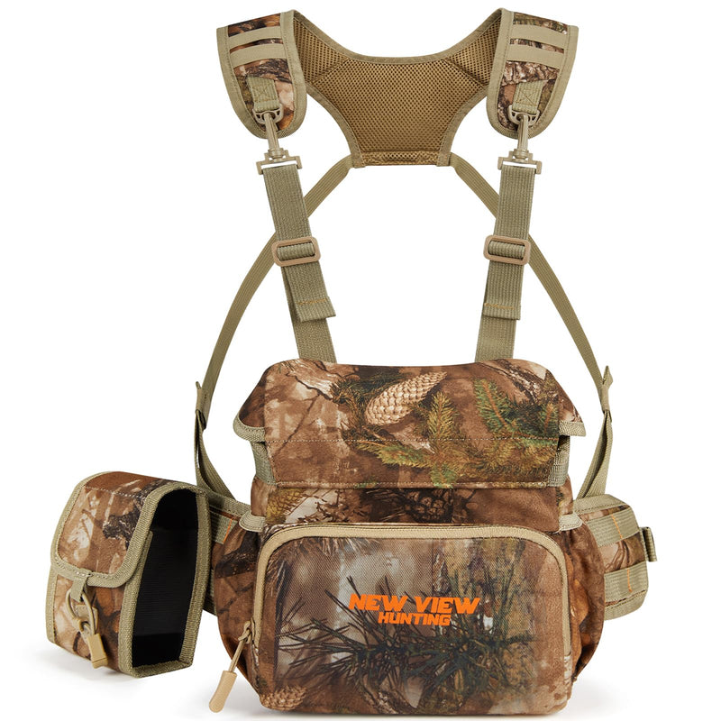 NEW VIEW Silent Binocular Harness Chest Pack, Hunting Bino Case with Dual MOLLE Straps, Binocular Harness with Detachable Chest Strap Rangefinder Pouch Rain Cover for Saddle Hunting Bird Watching Removable