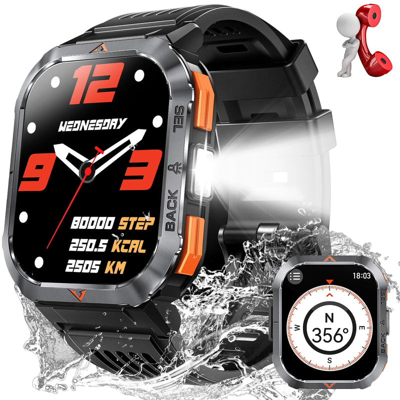 Military Smart Watches for Men Make/Answer Calls 2.02'' HD with Flashlight | Outdoor Sports Smartwatch Compass Big Battery SOS Heart Rate/Sleep Monitor 3ATM Waterproof Fitness Watch for iOS/Android