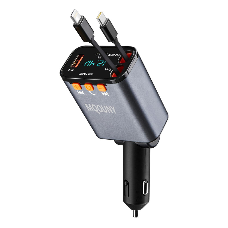 [AUSTRALIA] - Retractable Car Charger,5 in 1 Fast Cars Phone Charger 60w,Bluetooth 5.3 FM Transmitter Adapter,Handsfree Call,MP3 Player,2 Retractable Cables and USB Chargers, for Phone,Galaxy,Pixel (Black) Black 