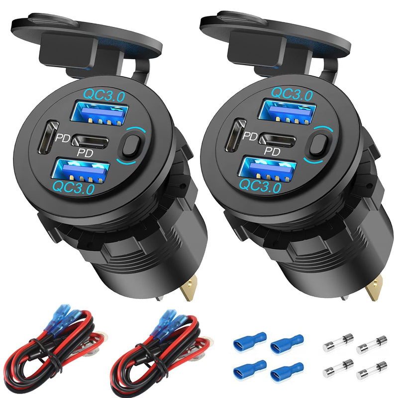 2 Pack 12V USB Outlet 4 Port Car Charger, 78W Super Fast Dual PD3.0 & QC3.0 Multiple USB Port for Car, USB C Cigarette Lighter Replacement 12 Volt Socket Waterproof for Marine Boat Motorcycle RV Golf pack of two