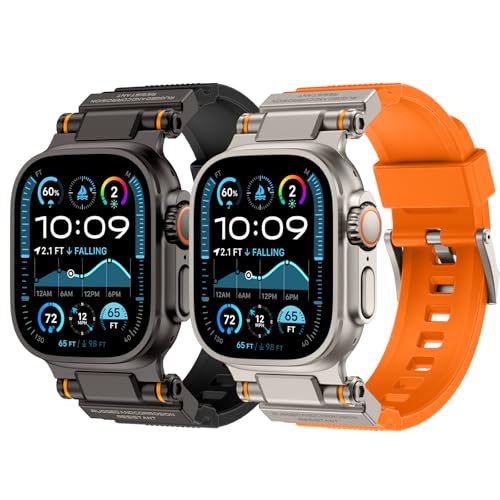 Rubber Band Compatible with Apple Watch Band 49/46/45/44/42mm, Orange/Titanium and Black/Black