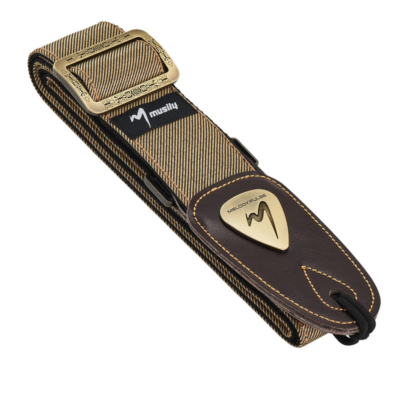 [AUSTRALIA] - Guitar Strap, Discover Unrivaled Comfort with Premium Denim & Cotton for Bass, Acoustic & Electric Guitars - Durable Double-Layer Leather Ends & Eye-Catching Metal Embossed Logo! (Khaki) Khaki 