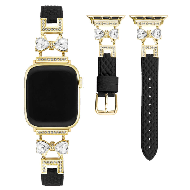 Diamond Bowknot Grainy Genuine Leather Watch Band, Compatible with Apple Watch Series 11/10/9/8/7/6/5/4/3/2/1/Ultra/SE, for 38/40/41/42/44/45/49/46mm, Dreesy Strap Black & Gold 42(Series 10-11)/38/40/41mm