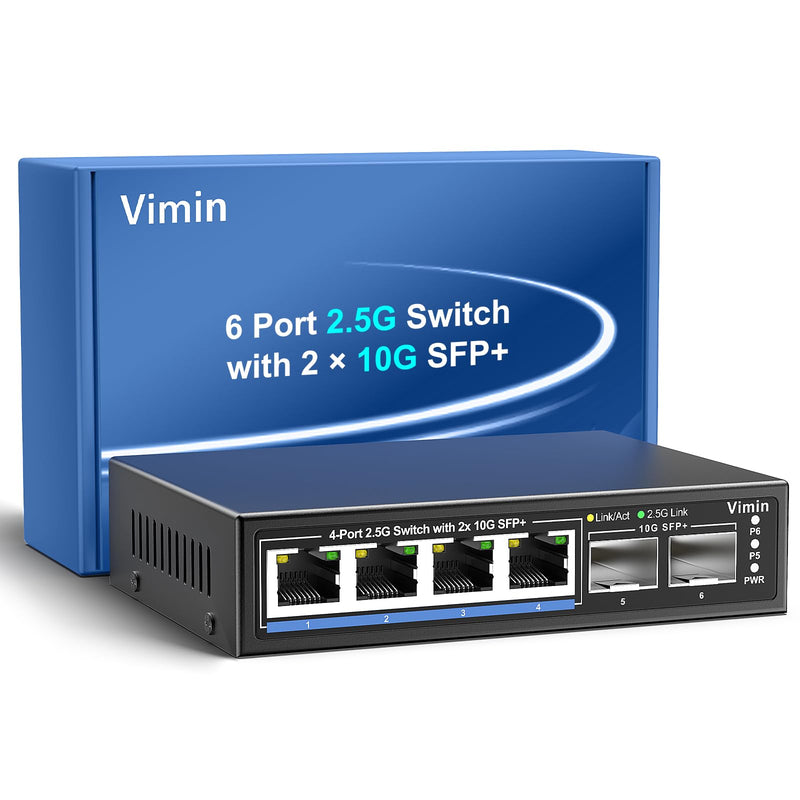 6 Port 2.5G Unmanaged Network Switch, VIMIN 4X 2.5Gbase-T Ports, 2X 10G SFP+ Port, 60Gbps Switching Capacity, IEEE802.3, Metal Housing, Fanless, Work for 2.5Gbps NAS, Wireless AP & PC 4 Port 2.5G Switch