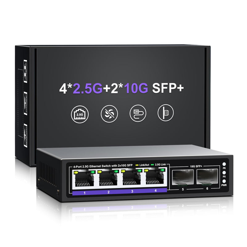 6 Port 2.5G Unmanaged Ethernet Switch, 4 x 2.5G Base-T Ports, 2 x 10G SFP+, Compatible with 100/1000/2500Mbps, Metal Fanless, Desktop/Wall Mount NICGIGA 2.5Gbe Network Switch for Wireless AP, NAS, PC 4x 2.5G +2x 10G SFP+ | 6 Port