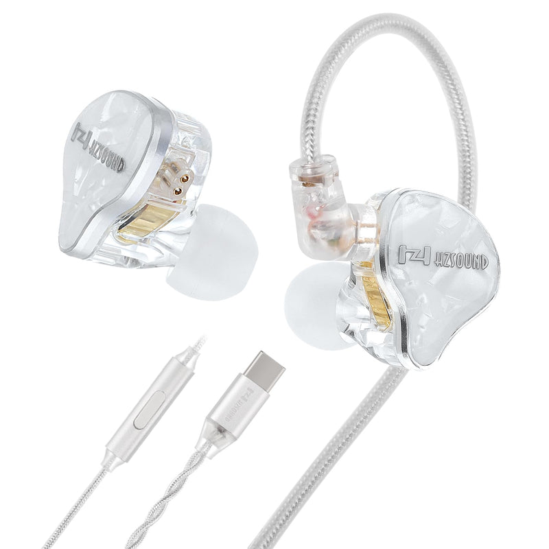 keephifi Hzsound White Snow Wired Headphones USB C, 10MM LCP+PU Diaphragm in Ear Headphones Resin-drip Mold, Gaming Earbuds Type C IEMs Positional Audio Location for Singer, Audiophile USBC with Mic