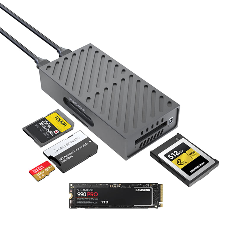 3-in-1 M.2 NVMe SSD & CFexpress B Type & SD Card-Reader and Enclosure,USB3.2 Type C 10Gbps,with Silent Fan Active Cooling,Compatible with M1/M2/M3/M4 Mac,Aluminum USB-C to PCIe NVMe Adapter (8130B) 8130B-10Gbps