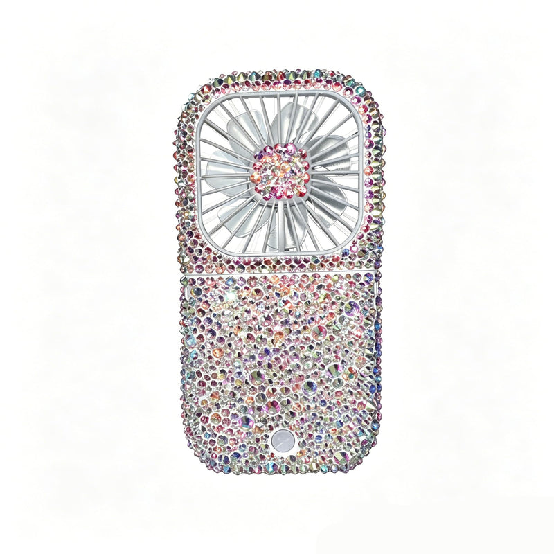 Customized Mixed Rhinestone Rechargeable Mini Handheld/Hanging Portable Usb Battery Operated 3000MA Power Bank Folding Personal Fan for Girls Camping Travelling Outside Indoor Office ab